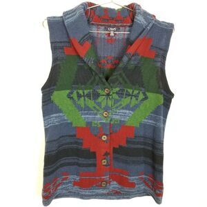 Chaps Women Sleeveless Aztek Tribal Cardigan Sweater Vest‎ Sz L Button Up Cotton